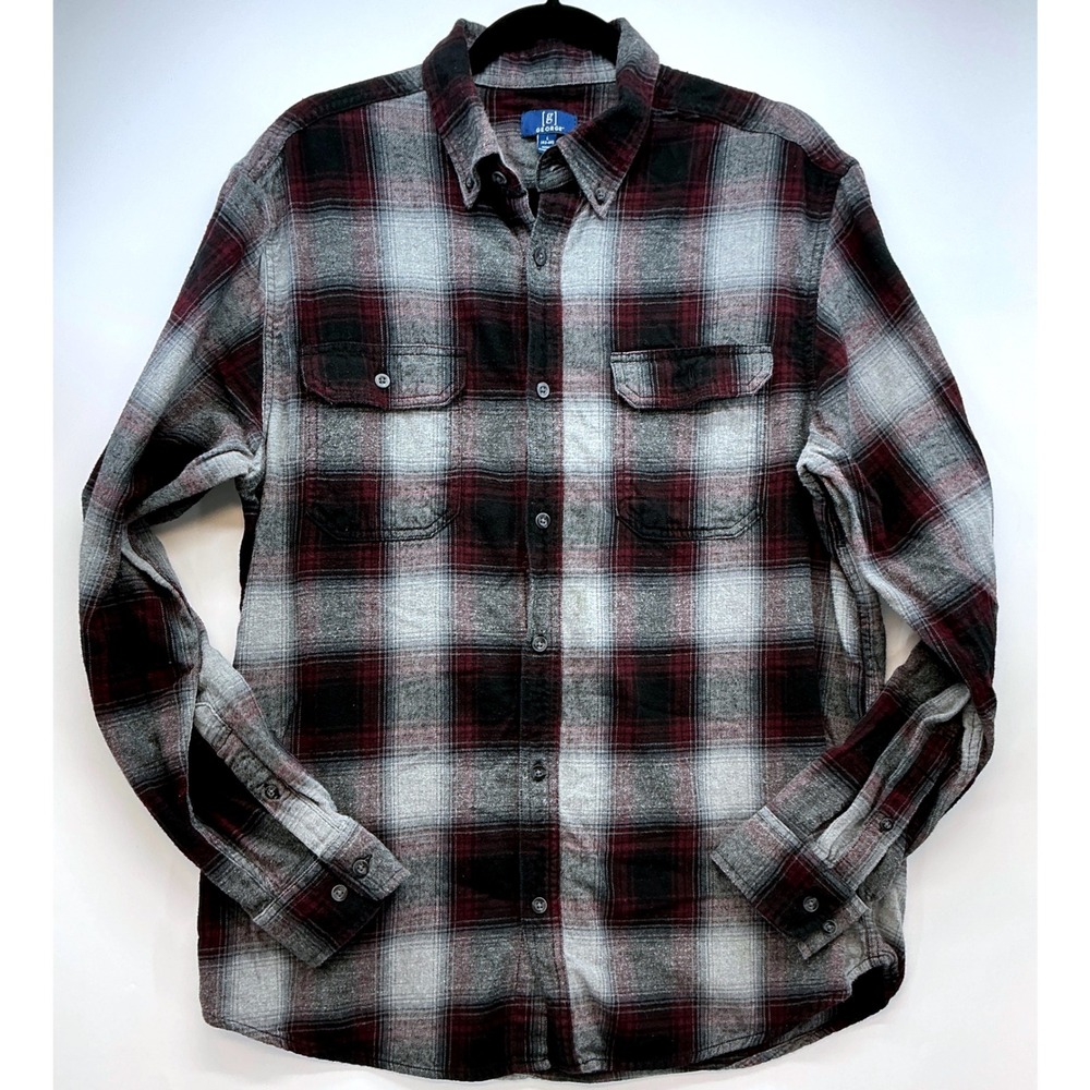 George Burgundy Gray Plaid Cotton Flannel Shirt Sz L Grunge Normcore‎ Layering